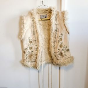 Faux fur vest, beige with floral stitch, Size M
